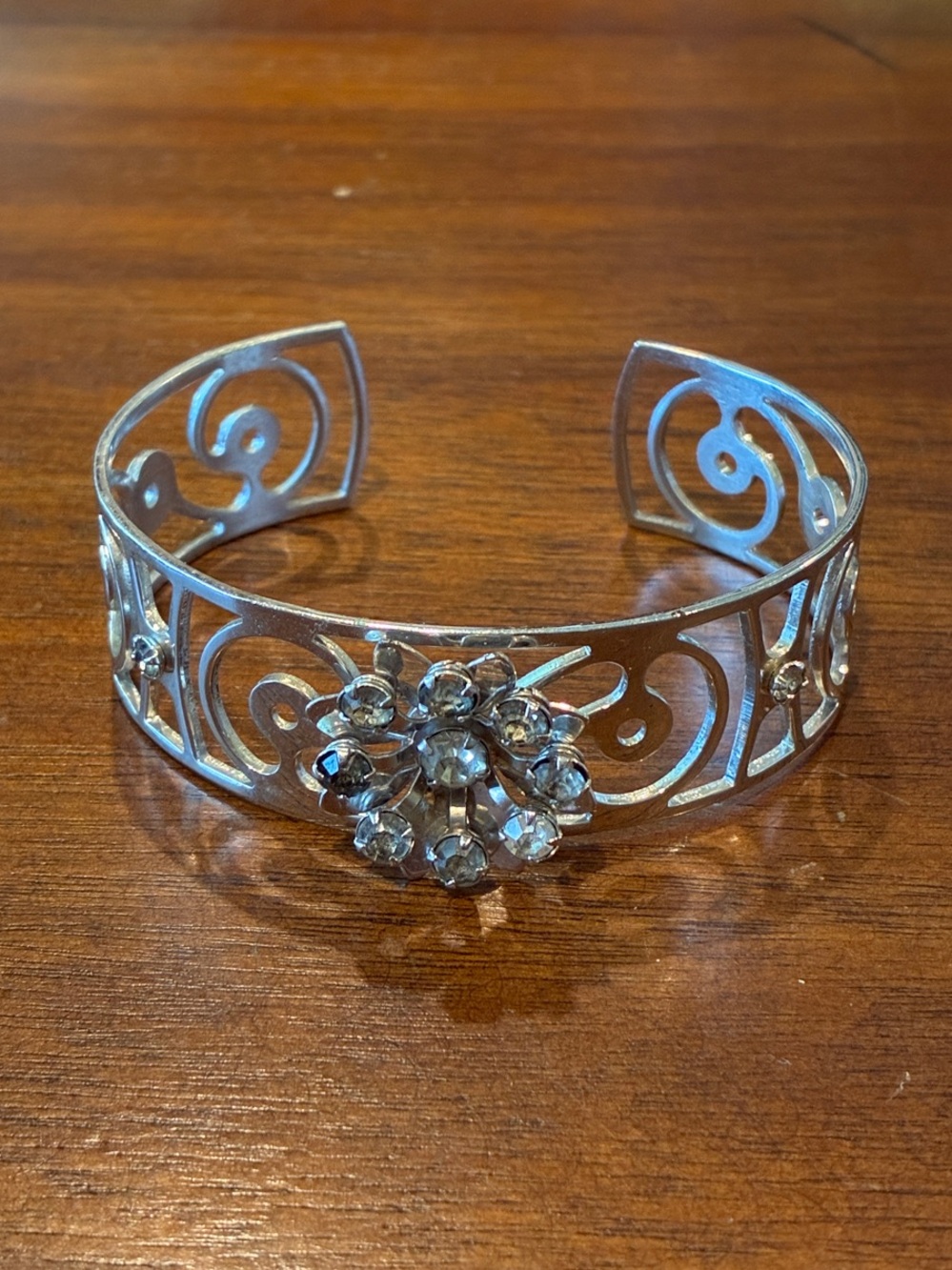 Silver-Tone Floral Rhinestone Cuff Bracelet